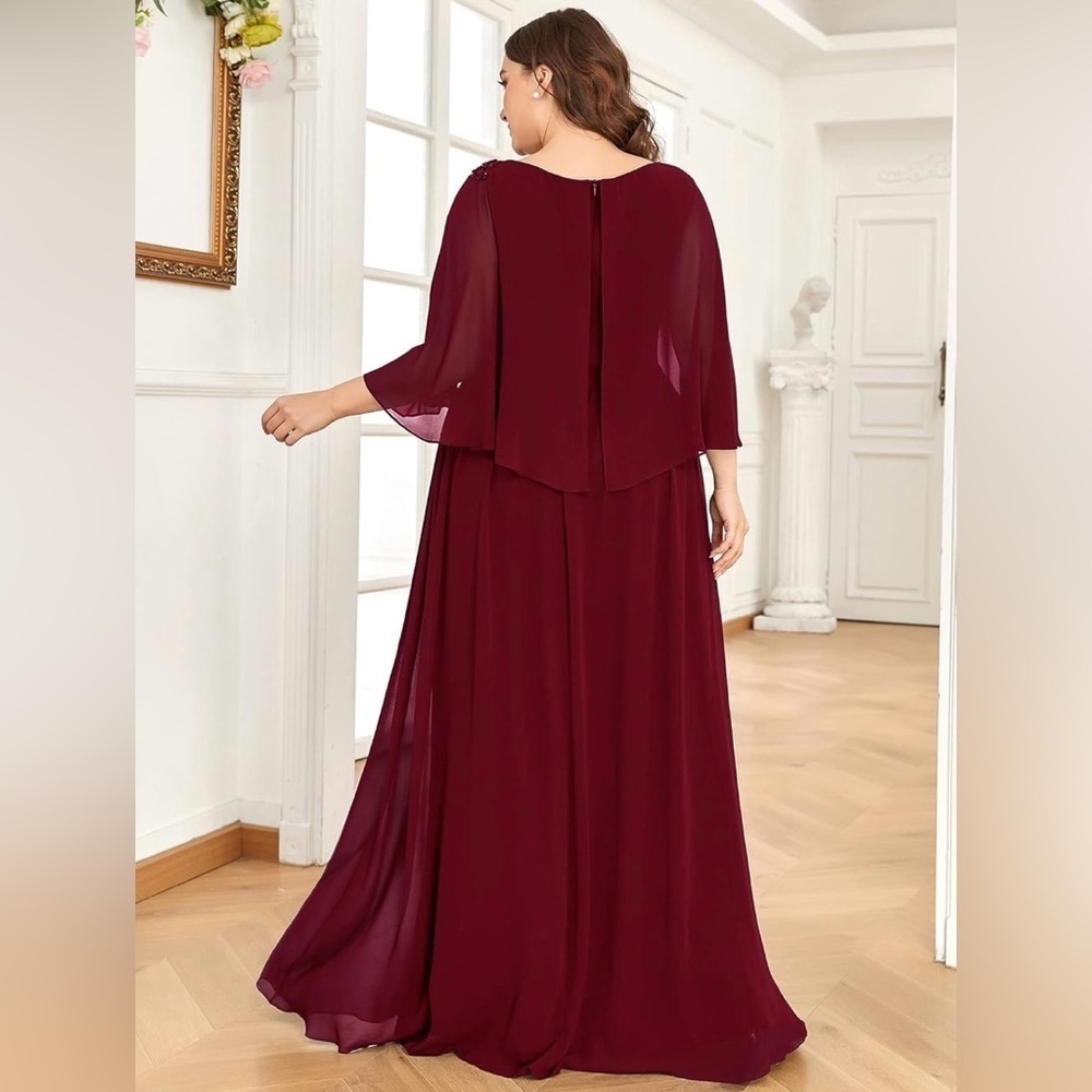 Burgundy Formal Chiffon Cape A-Line Mother of The Bride Dress US16 - Picture 3 of 10